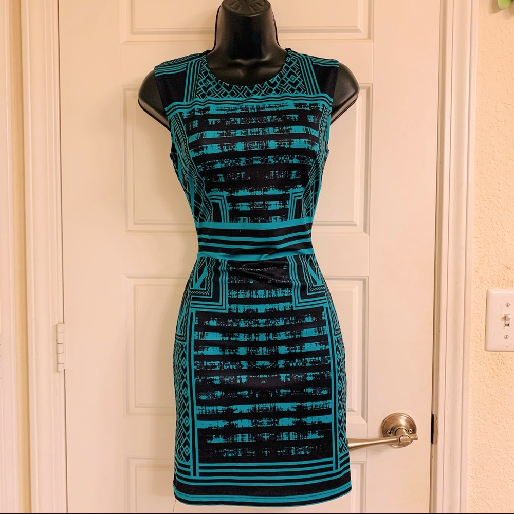 Modern teal graphic high neck dress